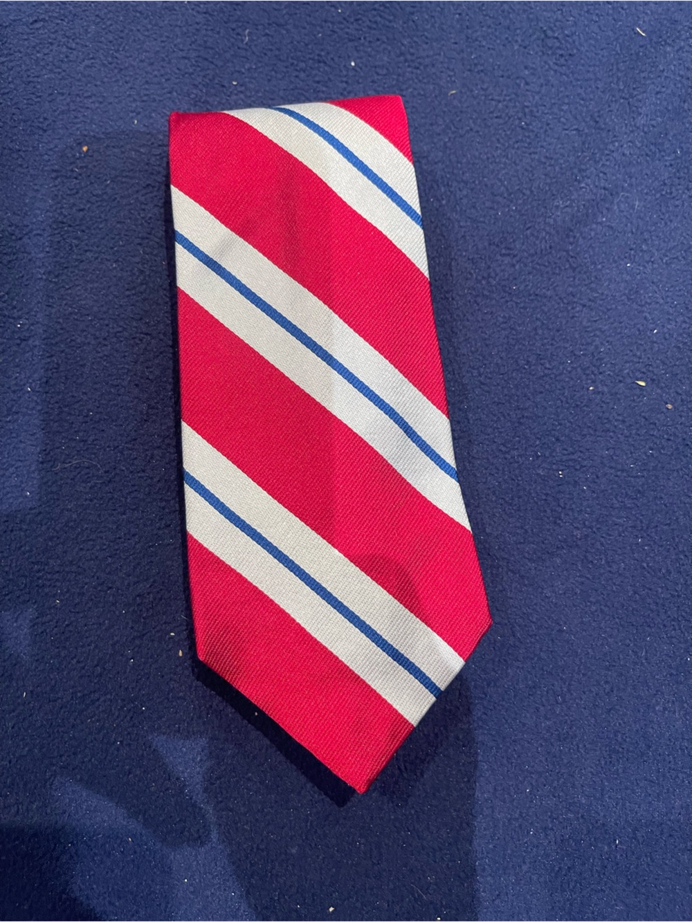 Men's Red Striped Neck Tie with White and Blue Diagonal Stripes